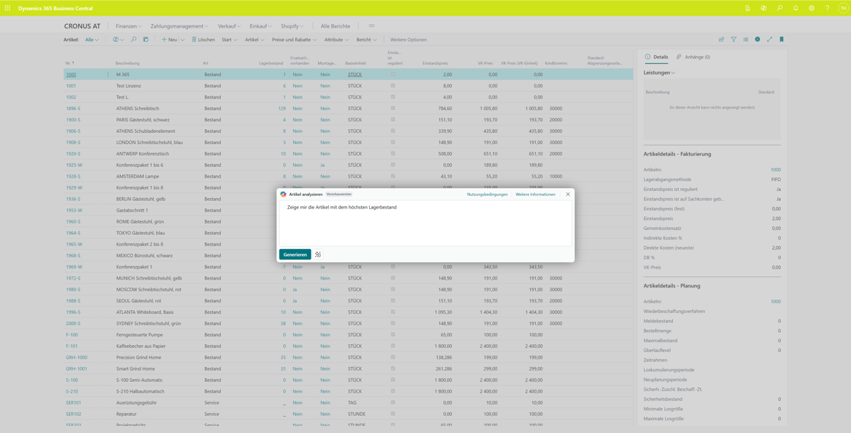 KI Artikelanalyse in Business Central